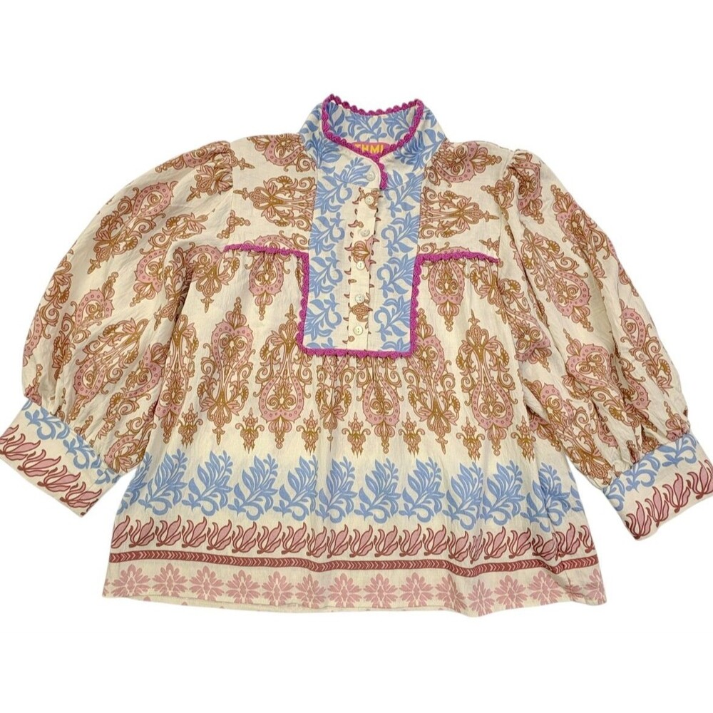 THML Collier Boho Paisley Floral Print Tunic Blouse Crochet Trim Puff Sleeve L